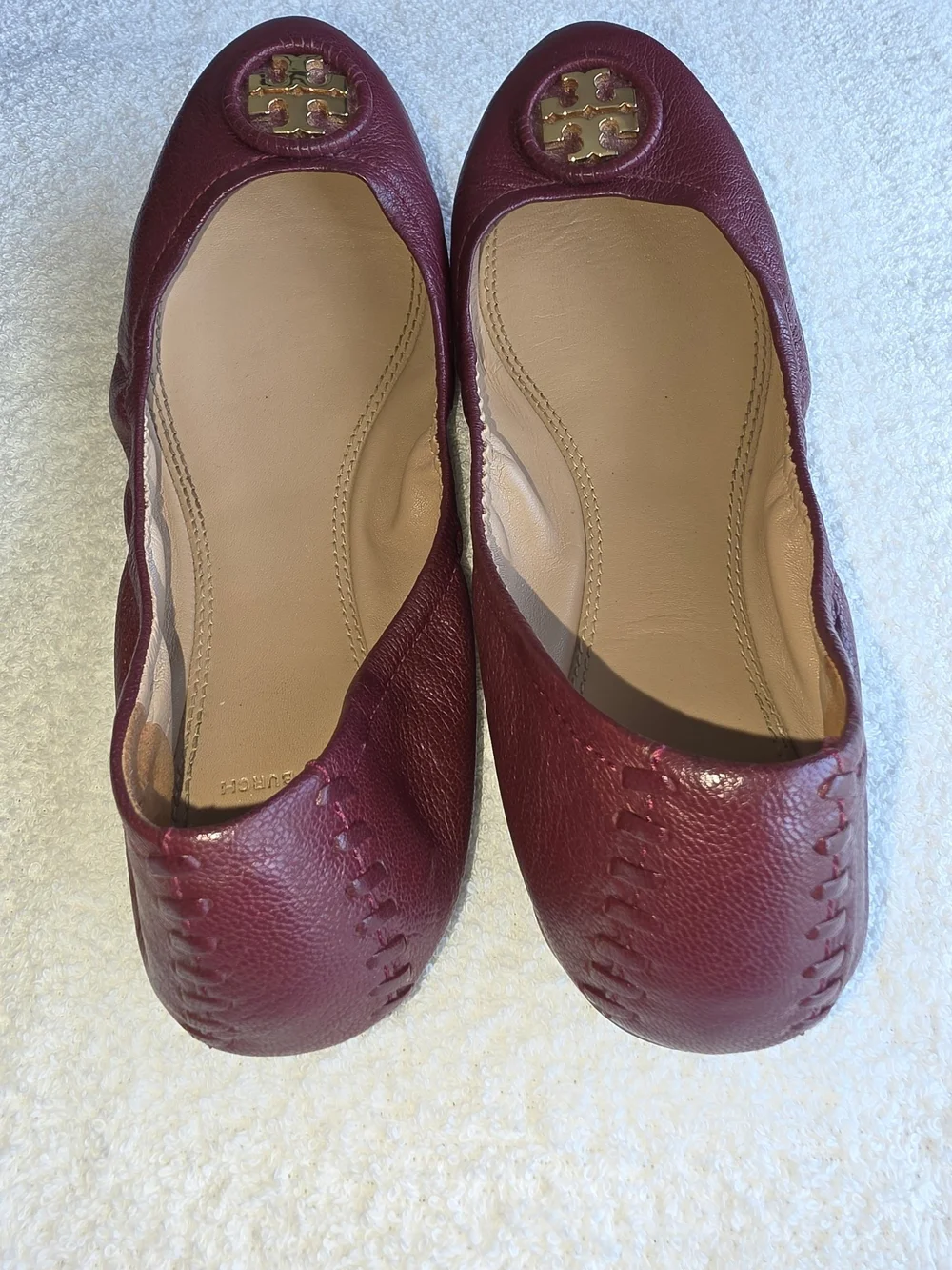 Tory Burch Burgundy Leather Round-Toe Ballet Flats with Gold Logo